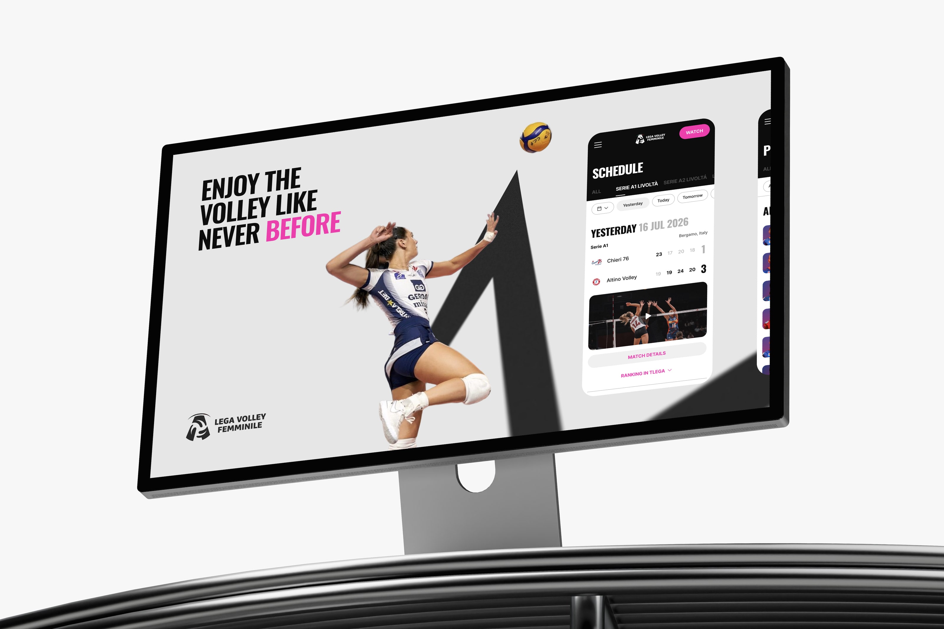 The LVF home page on a monitor: the headline Enjoy the volley like never before beside a player mid-spike, with the match schedule panel on the right.