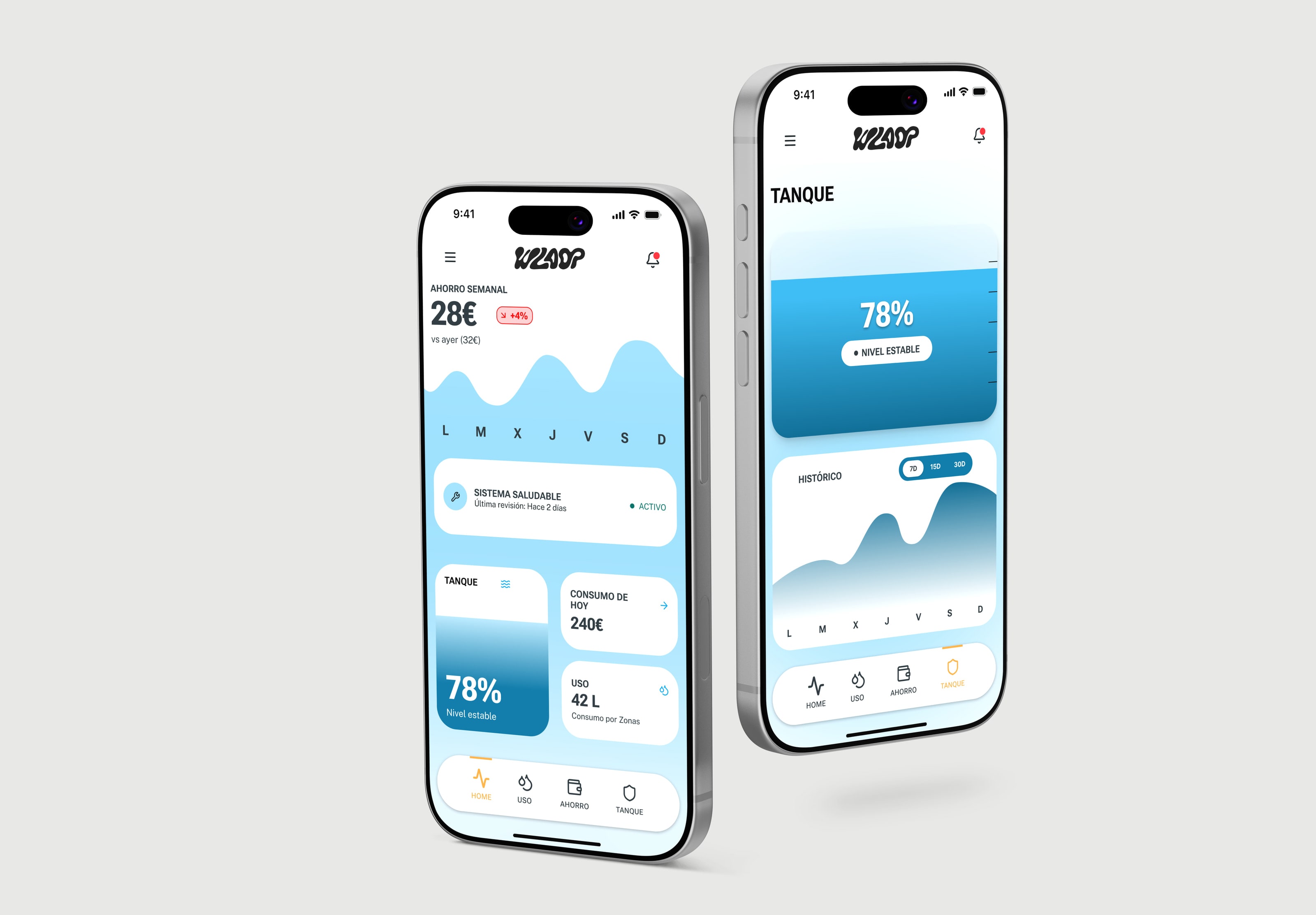 Two iPhones showing WaterLoop: the weekly savings home with its consumption chart and the tank at 78 percent, and the tank detail with its history.
