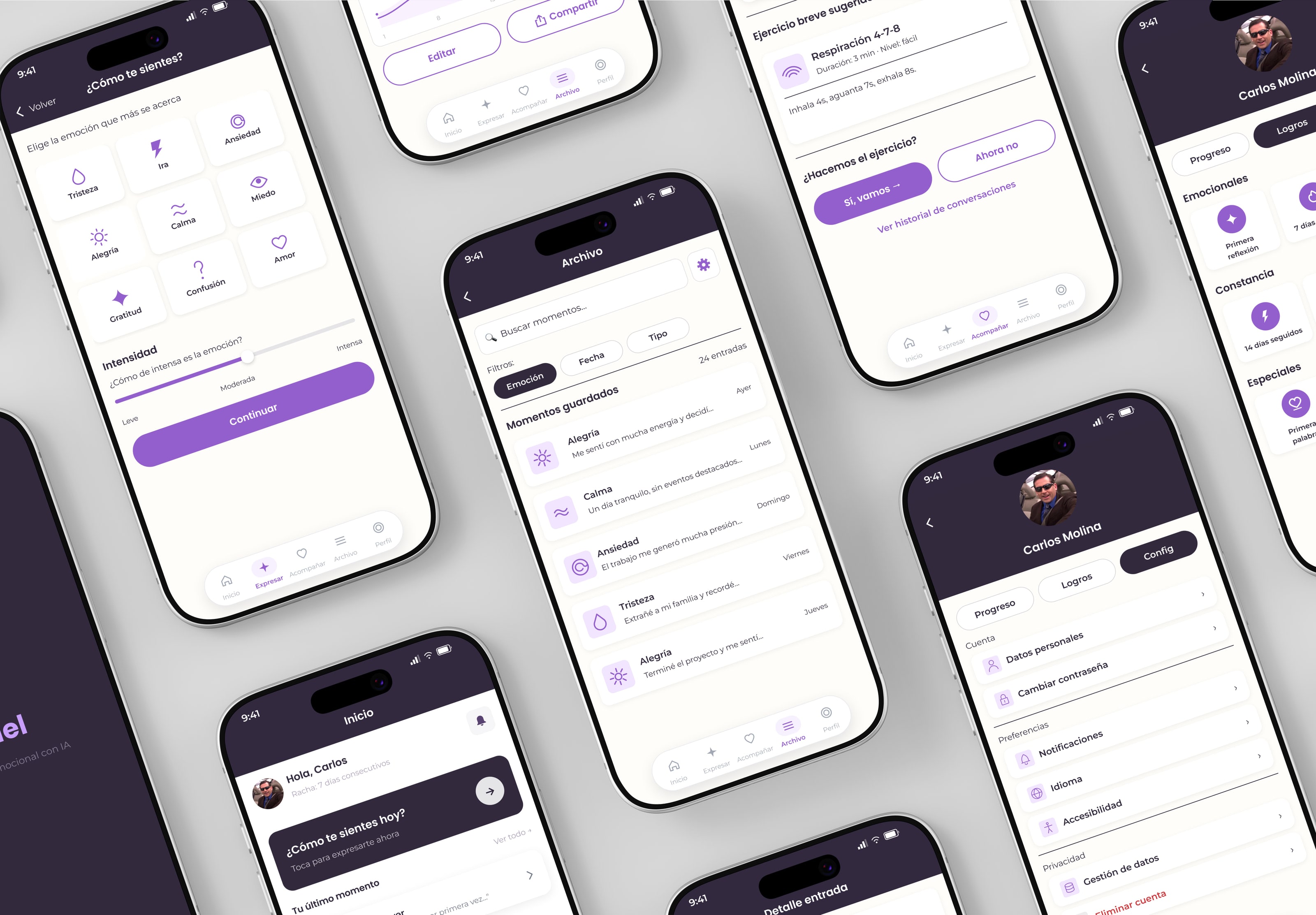 Lumiel screens on iPhone, in white and purple