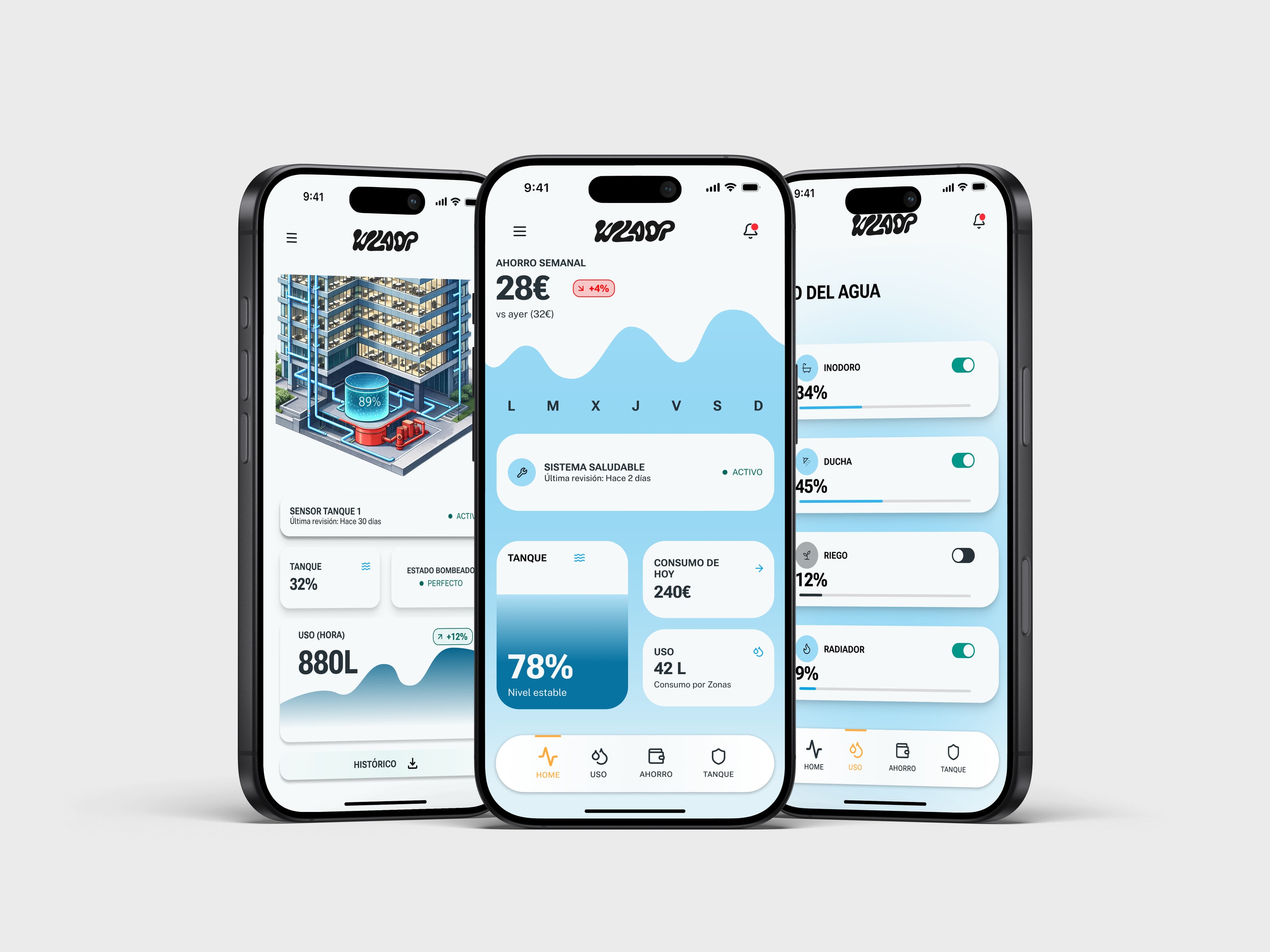 Three WaterLoop screens on iPhone